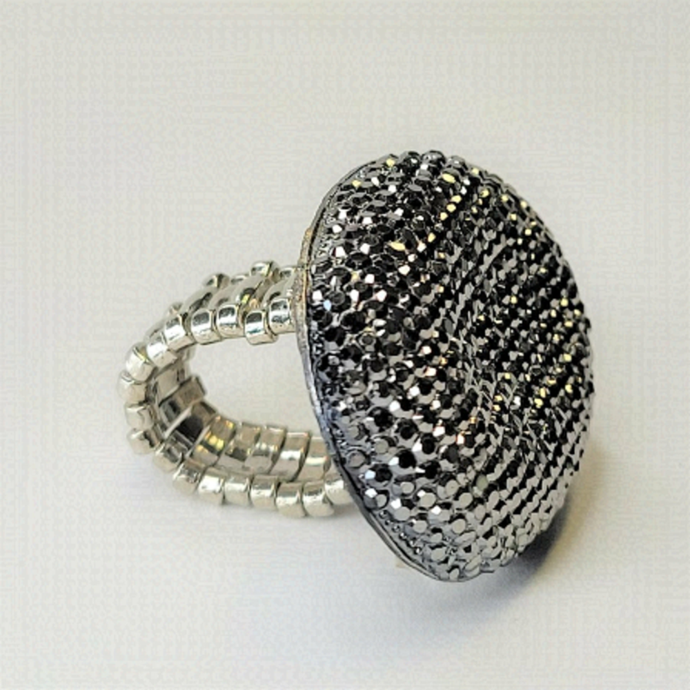 SILVER Grey Fashion Ring Oval Large Rhinestone Sparkly Bling Stretch Band Ring